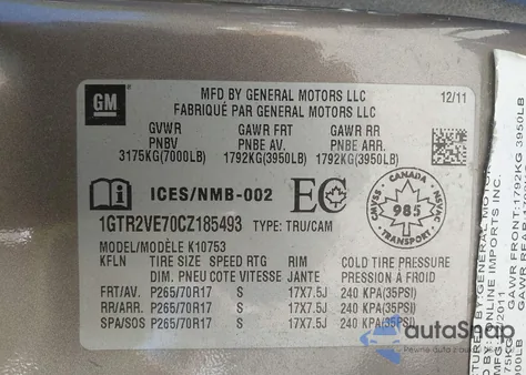 2012 GMC Sierra 1500 Sle from USA, damaged, VIN 1GTR2VE70CZ185493